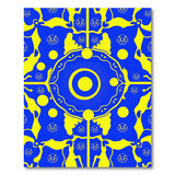 Vibrant Yellow Tribal Faces on Blue Area Rug