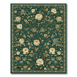 Washable Vintage Emerald Green Botanical Floral Area Rug - Low Pile & Non-Slip