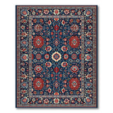Blue and Teal Navy Persian Area Rug with Red Floral Motifs