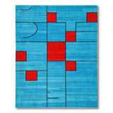 Teal Blue Geometric Modern Area Rug with Red Blocks