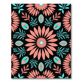 Coral Pink Sunflower Teal Leaf Black Area Rug