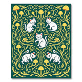 Whimsical White Cats Golden Mushrooms Green Rug