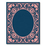 Ornate Pink Floral Navy Blue Frame Area Rug