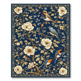 Navy Blue Peony Garden Birds Floral Area Rug