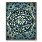 Teal Chrysanthemum Bloom with Paw Prints Distressed Rug