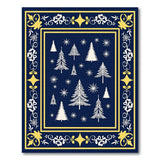 Navy Blue Christmas Trees Snowflakes Rug with Gold Ornate Border