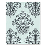 Elegant Black Damask Floral Area Rug on Light Blue