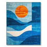 Blue Teal Geometric Sun Over Waves Rug