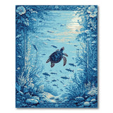 ODIKA Sea Turtle Ocean Blue Washable Area Rug - Low Pile Non-Slip Coastal Decor