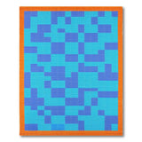 Teal Blue Geometric Grid Area Rug with Orange Border