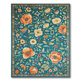 Blue and Teal Teal Floral Vintage Area Rug with Orange Blooms