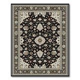 Black Persian Area Rug with Ivory Floral Motifs