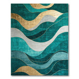 Teal Abstract Wave Area Rug with Gold Accents