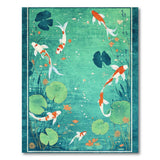 Floral Vintage Teal Koi Fish Lotus Pond Area Rug