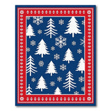Navy Blue Christmas Trees Snowflakes Area Rug Red Border