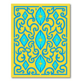 Ornate Blue Star Diamond Rug on Yellow