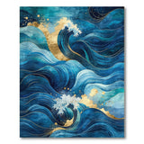 ODIKA Washable Blue and Gold Ocean Wave Abstract Rug - Low Pile Non-Slip Area Rug