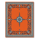 Ornate Orange Medallion Area Rug with Blue Borders