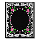 Ornate Pink Floral Border Black Area Rug