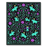 Crowned Teal Cats Floral Garden Area Rug
