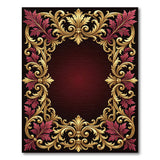 Ornate Gold Baroque Frame Rug with Red Leaves