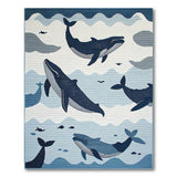 ODIKA Washable Nautical Whale Area Rug - Blue Coastal Low Pile Non-Slip Carpet