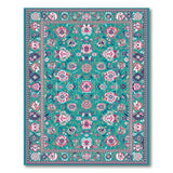 Teal Persian Floral Area Rug with Pink Blooms