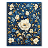 Navy Blue Peony Floral Rug with Gold Accents