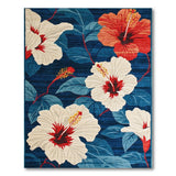 Coastal Beach Navy Hibiscus Floral Area Rug