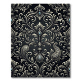 Ornate Silver on Black Damask Area Rug
