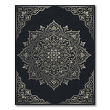 Ornate Silver Mandala Area Rug on Black