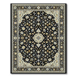 Opulent Black Persian Area Rug with Ivory Gold Florals