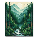 Serene Pine Forest Waterfall Mountain Rug