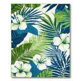 Tropical Green Palm Leaf and Hibiscus Area Rug