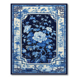 ODIKA Washable Blue and White Chinoiserie Peony Area Rug - Low Pile & Non-Slip