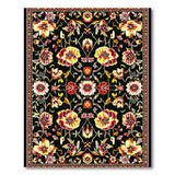 Persian Floral Area Rug Black with Red Yellow Blooms