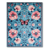 Teal Floral Area Rug with Pink Poppies Butterflies