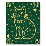 Festive Gold Line Art Cat with Stars Green Rug