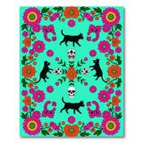 Teal Black Cat Skull Floral Area Rug