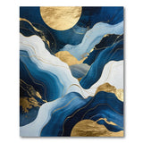 Washable Modern Fluid Art Navy Blue and Gold Low Pile Area Rug