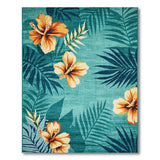 Teal Hibiscus and Palm Leaf Coastal Area Rug