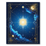 Washable Celestial Sun & Moon Area Rug - Navy Blue and Gold Mystical Low Pile Carpet