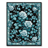 Teal Rose Floral Area Rug on Black