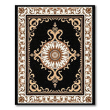 Beige and Neutral Ornate Black Medallion Persian Area Rug
