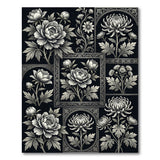 Ornate Peony Chrysanthemum Black White Area Rug