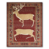Red Persian Rug with Majestic Deer Silhouettes