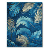 Blue and Gold Palm Leaf Washable Area Rug