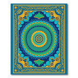 Blue Teal Mandala Area Rug with Gold Border