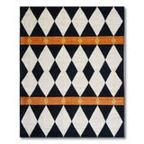 Black White Harlequin Diamond Area Rug with Orange Bands