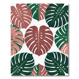 Pink Green Monstera Leaves Boho Area Rug